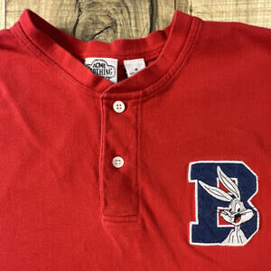 Vintage 90s Bugs Bunny Embroidered Block B College Henley Looney Tunes 1993 .